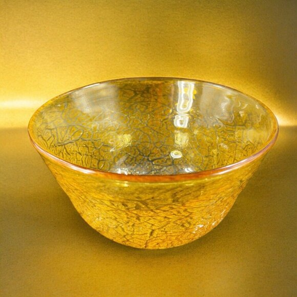 Studio Art Glass Large Bowl Dish Yellow Lava Texture HandBlown Glass Centerpiece - Picture 2 of 16